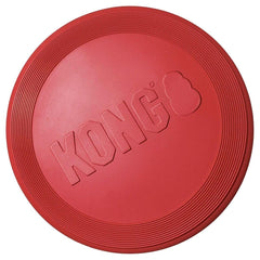 KONG Rubber Flyer large 2-pack red with a dog catching mid-air during fetch