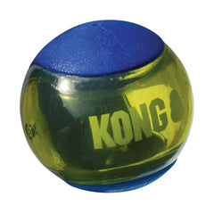 KONG Squeezz Action Ball indoor chew play showcases solo and interactive play to reduce boredom.