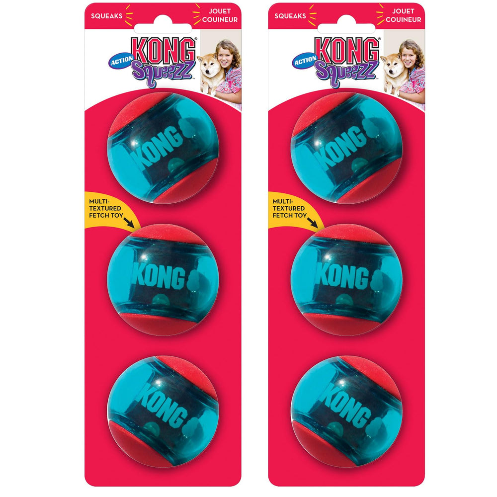 KONG Squeezz Action Ball red side view for durable fetch and chew sessions.