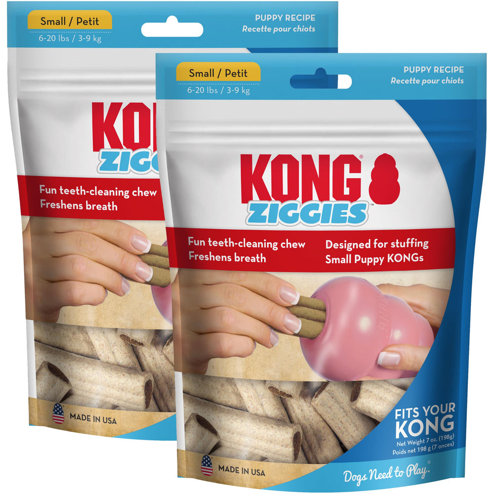 KONG Ziggies Puppy Small pack shot highlights natural flavor and puppy-friendly size for treats.