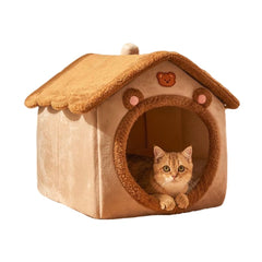 KooTeedd cat bed brown front view shows cozy cave for indoor cats.