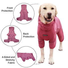 KOOGAL dog pajamas red action shot demonstrates secure four-leg enclosure during walks.