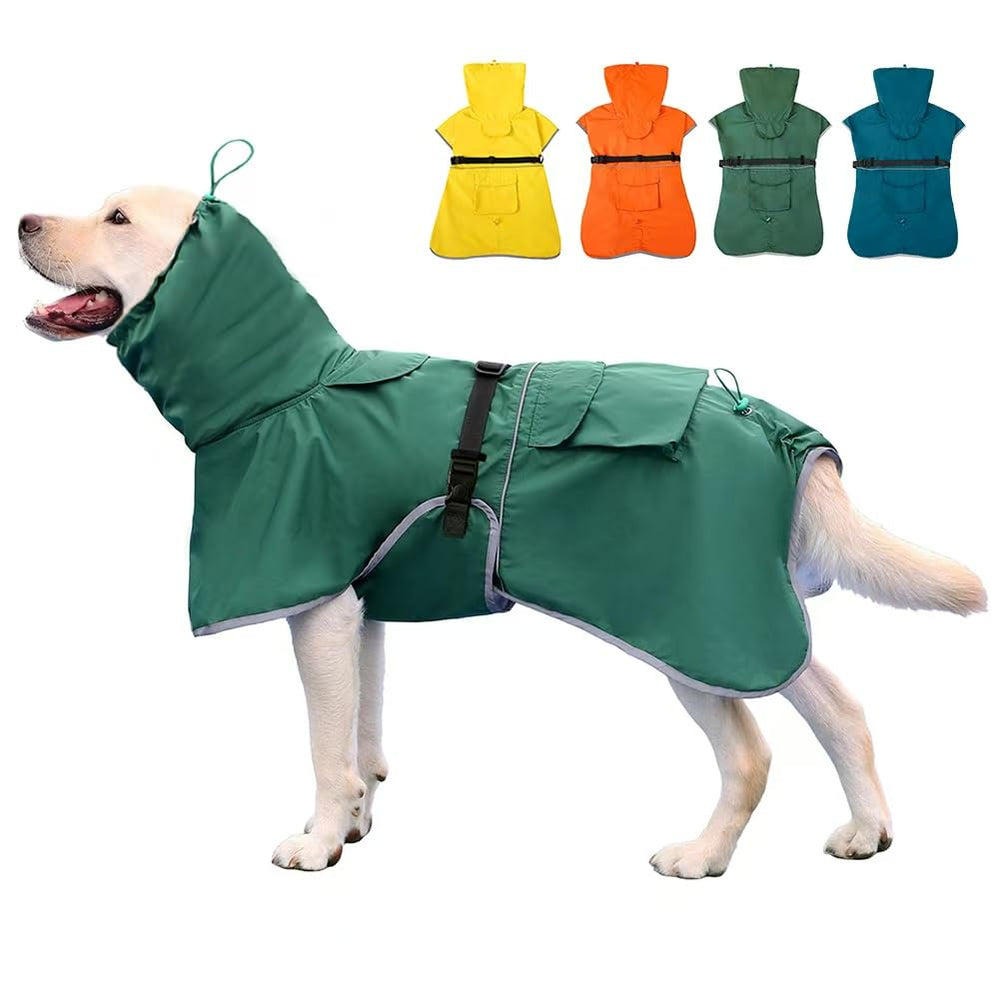 KOOGAL dog raincoat hooded green 6XL shields pets from rain during outdoor walks.