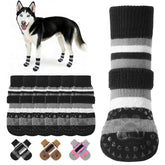 KOOLTAIL anti-slip dog socks front view with secure grip on hardwood floors