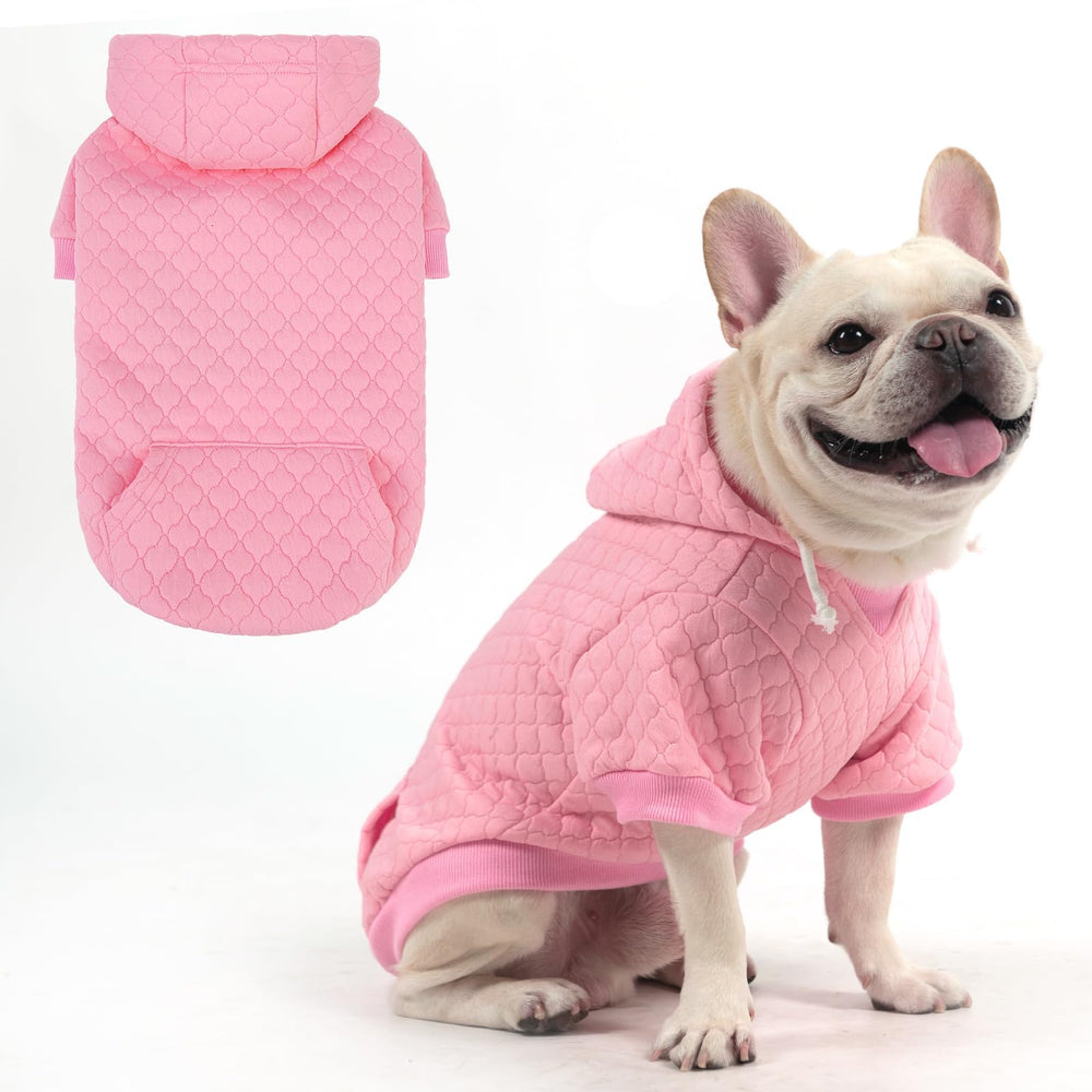 KOOLTAIL dog hoodie front view in pink highlights warm fleece comfort for chilly walks.