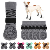 KOOLTAIL non-slip dog socks tiger print front view showing grip on wood floor