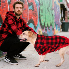 KOOLTAIL plaid dog hoodie back view showing convenient kangaroo pocket.