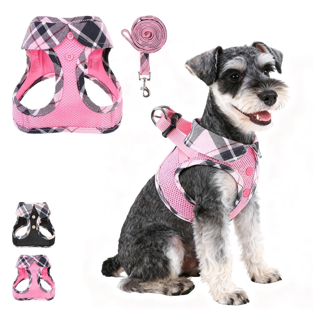 KOOLTAIL small dog harness pink plaid front view promotes secure daily walks