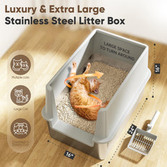 Koomoom extra-large stainless litter box image shows spacious 24x16x16 inches for comfortable movement.