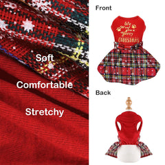 Kosiyi dog Christmas outfit plaid dress back view highlights easy pullover design.