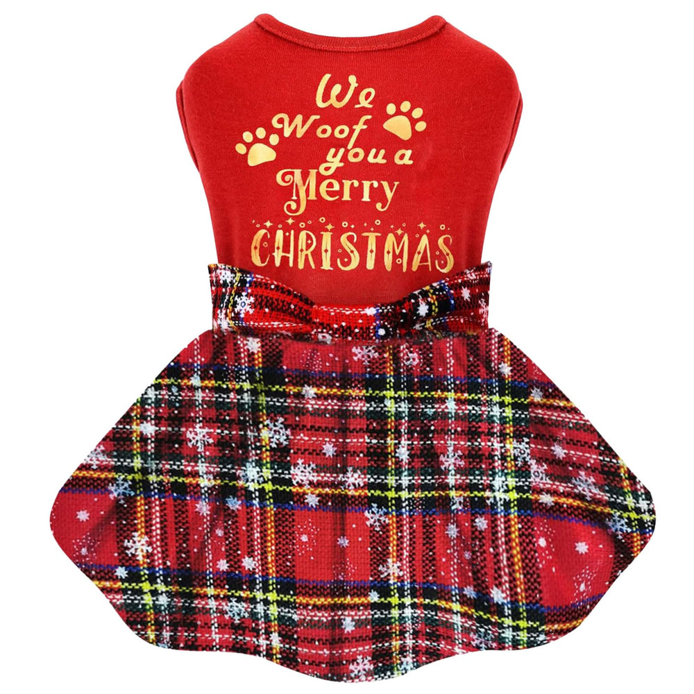 Kosiyi dog Christmas outfit plaid dress front view showcases festive style and cozy fit.