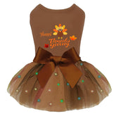 Kosiyi Thanksgiving dog dress small brown front view highlights festive styling and fit.