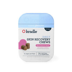 Kradle Skin Recovery Chews bottle closeup highlighting daily dog skin health support