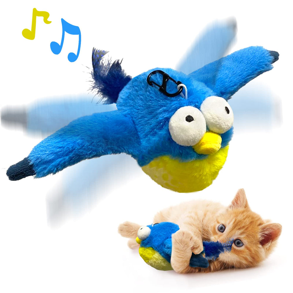 KreizyGo blue-bird toy with flapping wings engages cats during interactive play