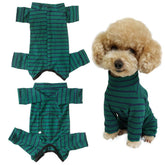 Kukaster Pet recovery suit front view in green-black stripe for post-surgery protection
