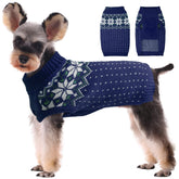 Kuoser dog Christmas sweater front view in blue shows festive snowflake knit for holiday warmth.