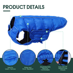 Kuoser dog puffer jacket closeup fasteners demonstrates easy on/off convenience.