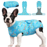 Kuoser dog recovery suit front view with breathable fabric for comfortable post-op wear.
