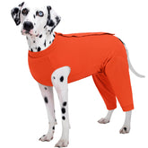 Kuoser dog recovery suit orange side view offers comfortable rear-leg protection during recovery.