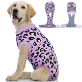 Kuoser dog recovery suit purple leopard M front view for gentle wound protection and comfort.