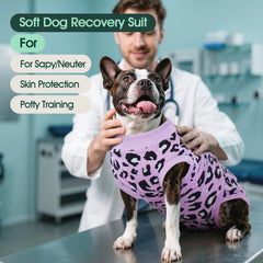 Kuoser dog recovery suit purple leopard M side view demonstrates secure fit for mobility and healing.