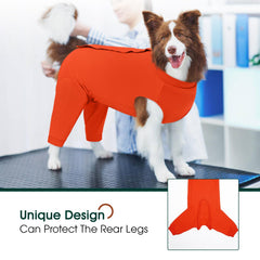 Kuoser dog recovery suit worn on dog illustrates non-restrictive movement during healing.
