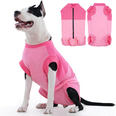 Kuoser dog surgery suit with back zipper in pink protects incisions during recovery.
