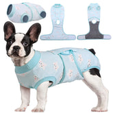 Kuoser recovery suit dog front view shows secure fit for post-surgery healing