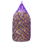 Kwik Pets heavy-duty hay bag purple full of hay for slow grazing