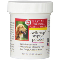 Kwik Stop styptic powder with benzocaine stops minor bleeding on nails and cuts in pets.