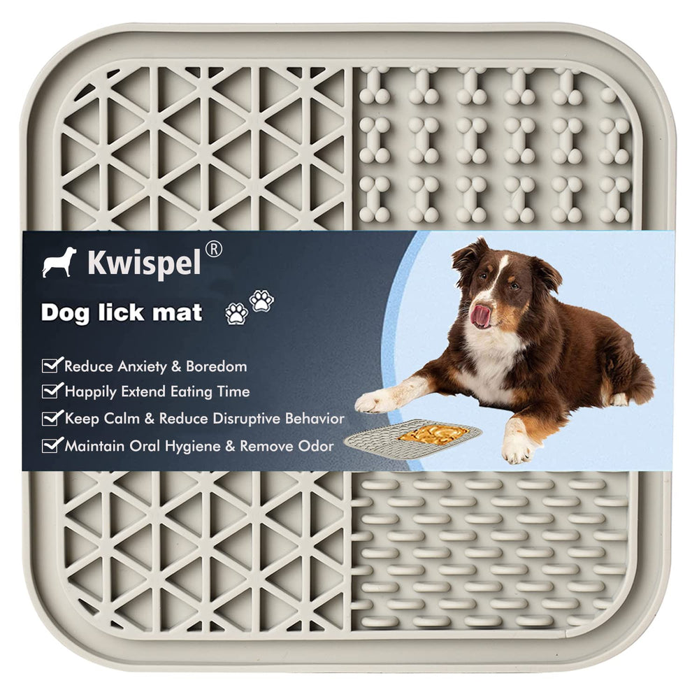 Kwispel Lick Mat on bath tile for dogs Grey keeps bath time calm and focused.