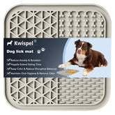 Kwispel Lick Mat on bath tile for dogs Grey keeps bath time calm and focused.