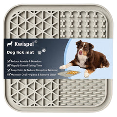 Kwispel Lick Mat on bath tile for dogs Grey keeps bath time calm and focused.