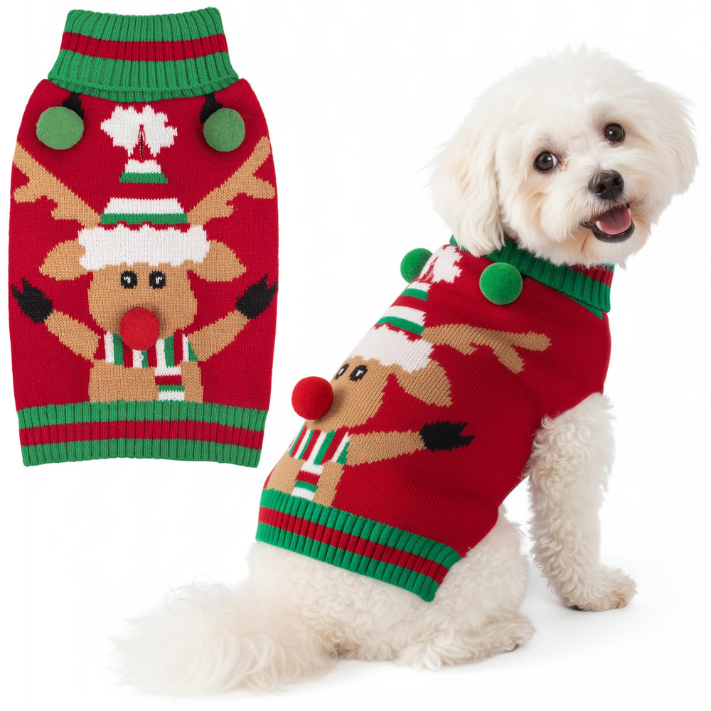 KYEESE dog Christmas sweater with reindeer pattern, keeps pets warm on winter walks.