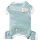 KYEESE dog pajamas in soft striped fabric for cozy indoor lounging.