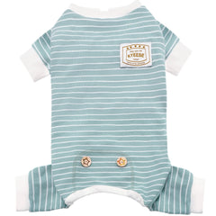 KYEESE dog pajamas in soft striped fabric for cozy indoor lounging.