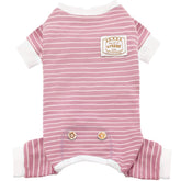 KYEESE dog pajamas pink striped front view offers cozy warmth and easy dressing.