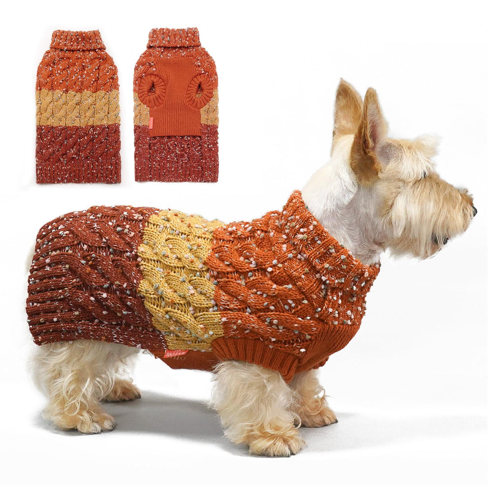 KYEESE dog sweater color block brown front view highlights warm knitwear