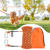 Kynara 100ft dog leash setup shows quick tool-free deployment for camping.