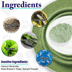 KZUO Dog Dental Powder being sprinkled over food for easy use