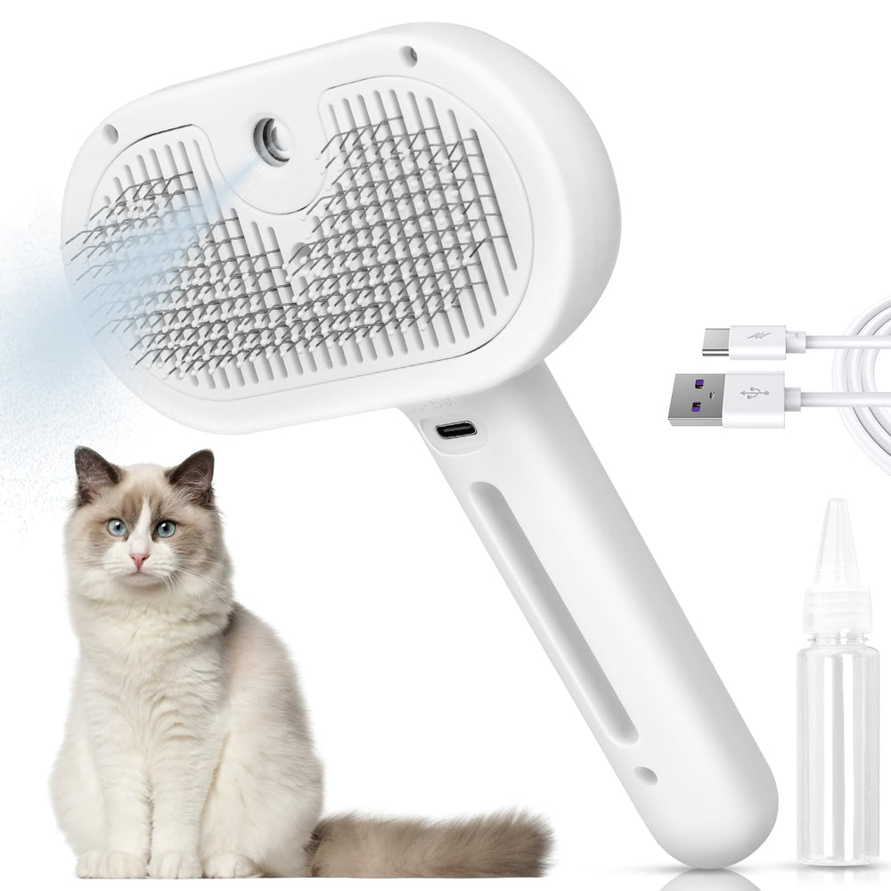 LACOKI Cat Steam Brush front view highlighting ergonomic handle for easier grooming and hair removal