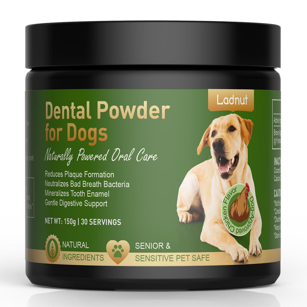 Ladnut dog teeth cleaning powder bottle poured for easy dental care.
