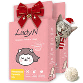Lady N Cat Attract Tofu Litter bag open highlights attractant benefits for litter training.