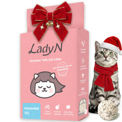 Lady N Granular Tofu Litter mini-pellet bag closeup shows easy maintenance with automatic self-cleaning boxes.