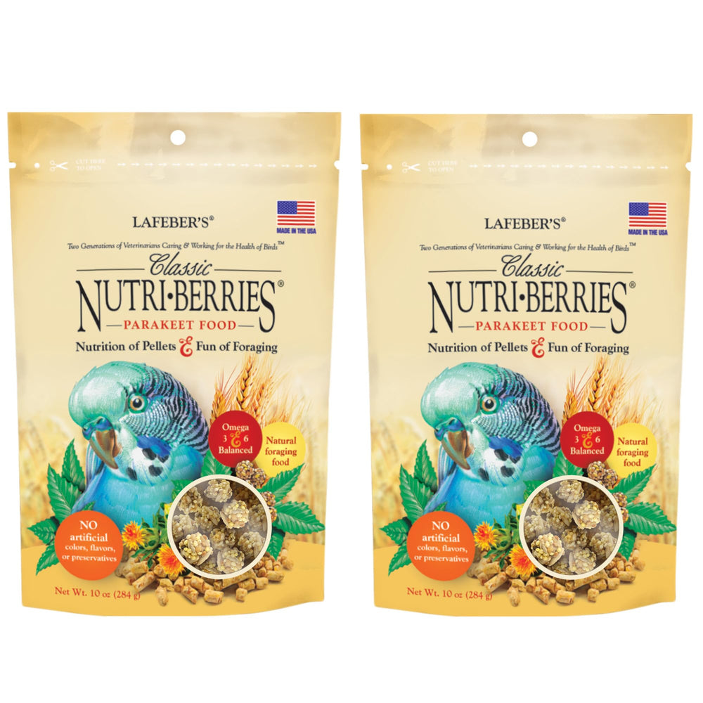LAFEBER'S Nutri-Berries packaging shows a convenient two-pack for parakeets