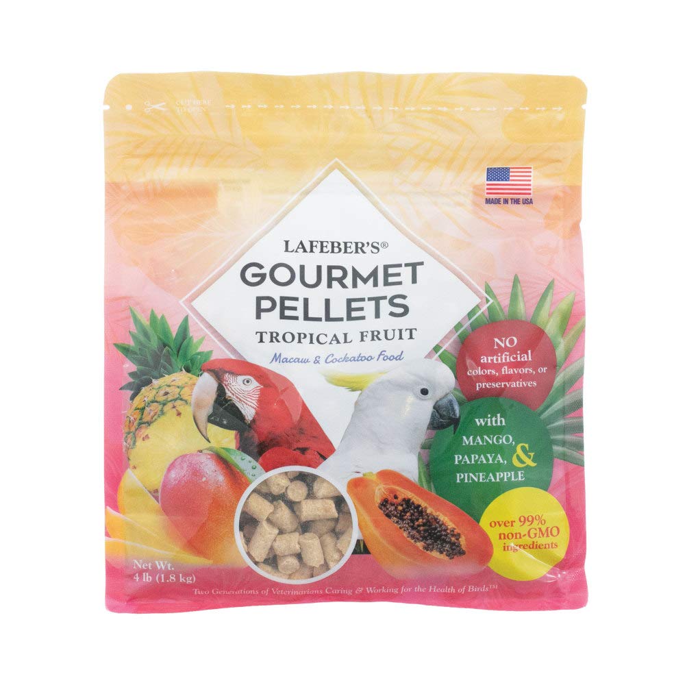 LAFEBER'S Tropical Fruit Gourmet Pellets bag shows real fruit pieces for macaws and cockatoos promoting health and vitality