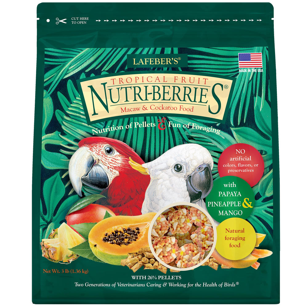 LAFEBER'S Tropical Fruit Nutri-Berries packaging showcases premium foraging for macaws and cockatoos.