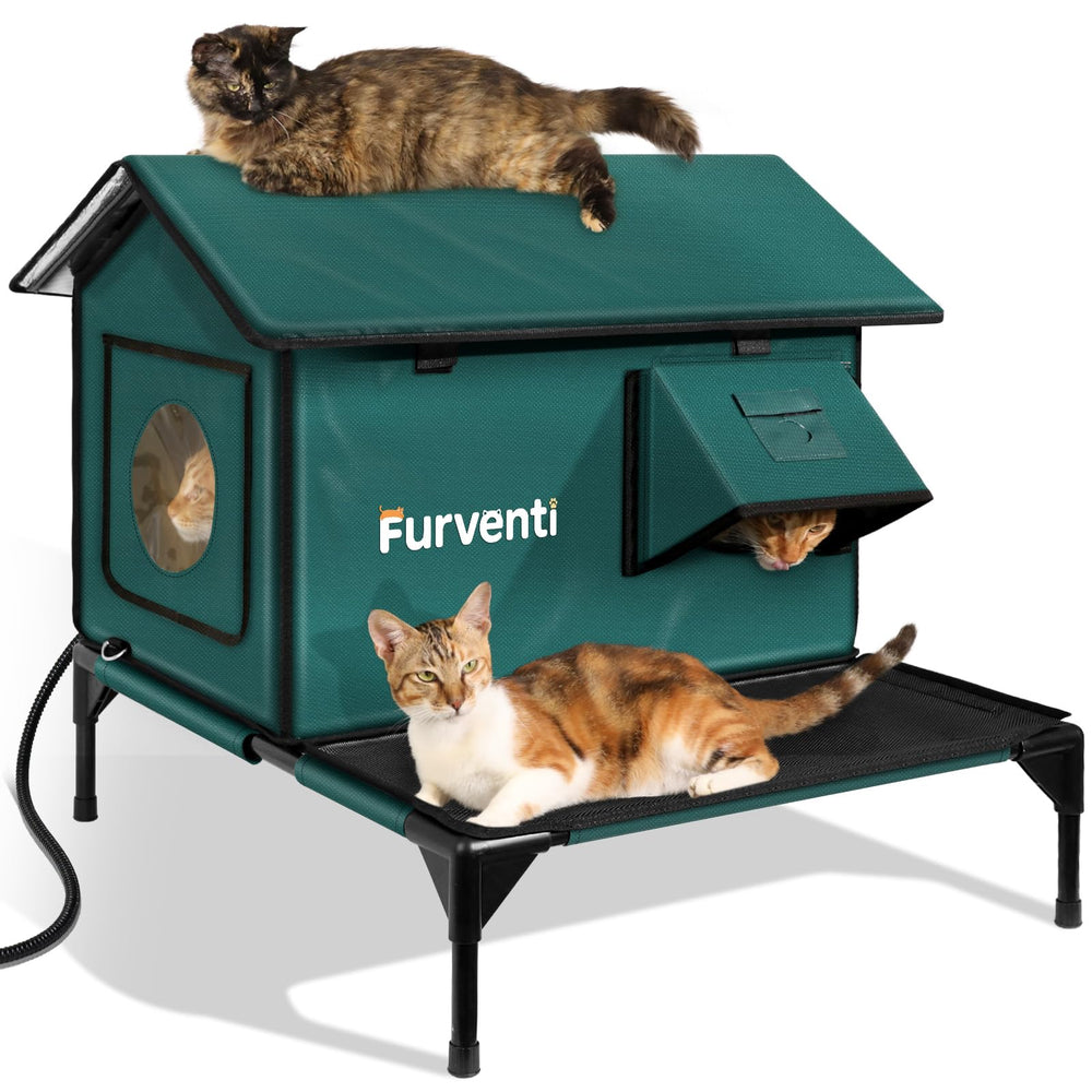 Lamlingo heated cat house front view in dark green with elevated base for dryness