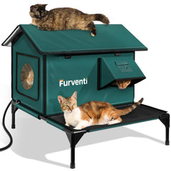 Lamlingo heated cat house front view in dark green with elevated base for dryness
