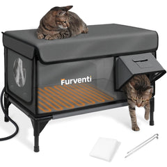 Lamlingo heated outdoor cat house with camera mounts for remote monitoring.